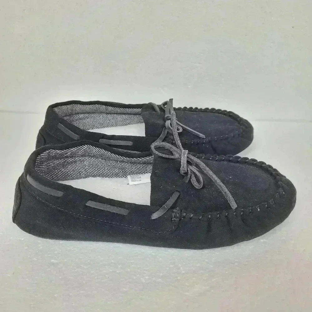 Cat & Jack Black Faux Suede Moccasin House Slippers Kid's size 2 Fur Lining